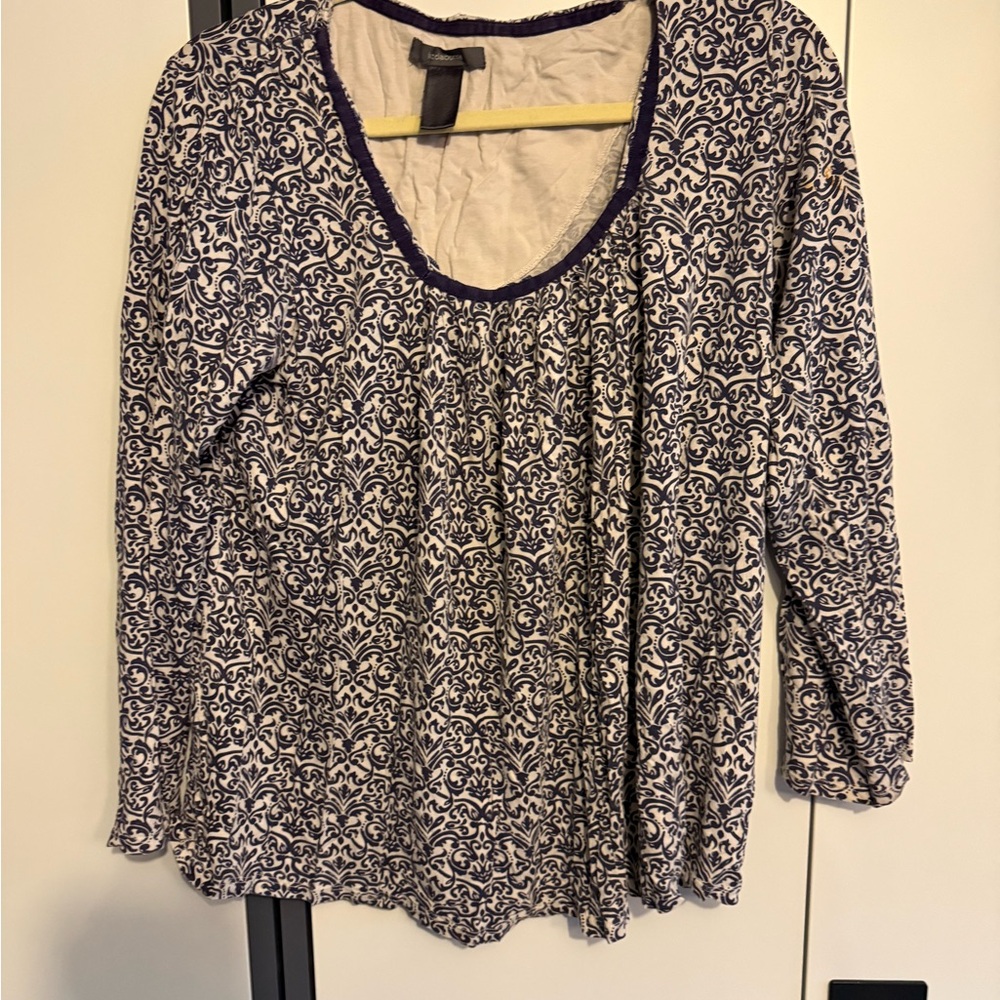 Liz Claiborne Navy & White Printed Scoop Neck Long Sleeve Top